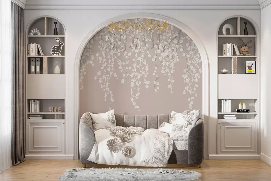 Murale Branches délicates et fluides avec des fleurs sur un fond pastel w02479v2