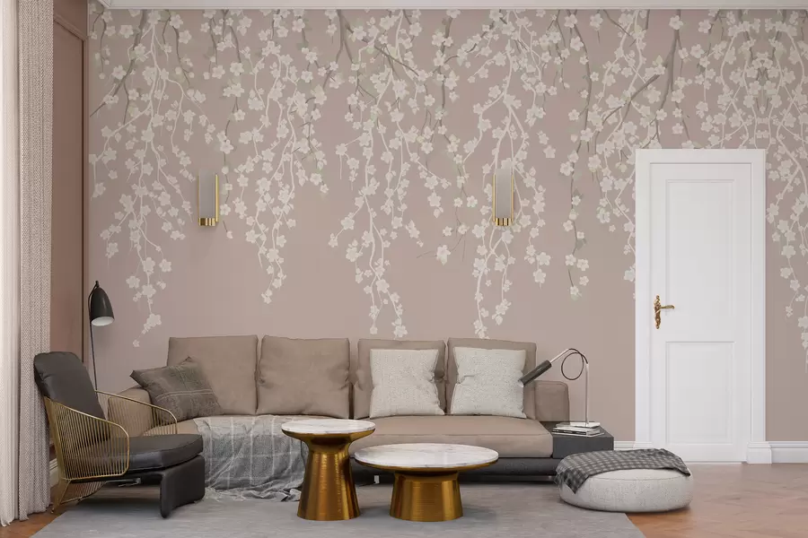 Fototapete Fließende zarte Zweige mit Blumen auf einem pastellfarbenen Hintergrund w02479v2