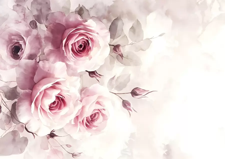 fototapeter Sarte pastelfarvede roser og blade med blød, sløret akvarelimiteret baggrund w08459