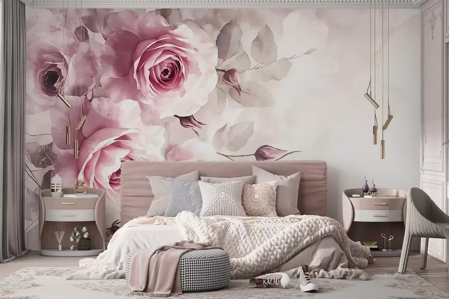 Murale Délicates roses et feuilles rose pastel sur fond doux et flou d'imitation d'aquarelle w08459