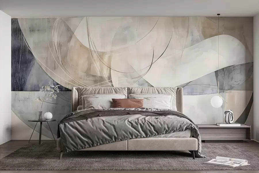 Fototapete Abstrakte Formen und Gestalten in Weiß-, Grau-, Beige- und Blautönen vor einem verschwommenen, strukturierten Hintergrund w08461