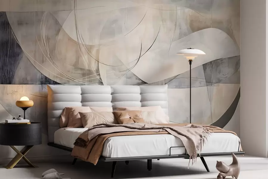 Murale Formes abstraites dans des tons de blanc, gris, beige et bleu sur un fond texturé flou w08461