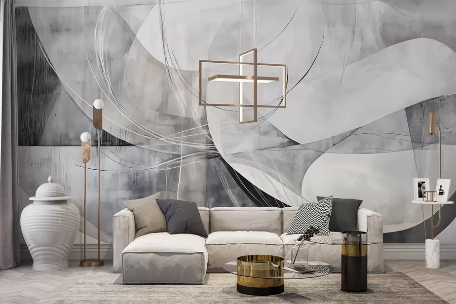 Fototapete Abstrakte Formen und Gestalten in Weiß-, Grau- und Schwarztönen vor einem verschwommenen, strukturierten Hintergrund w08461v1