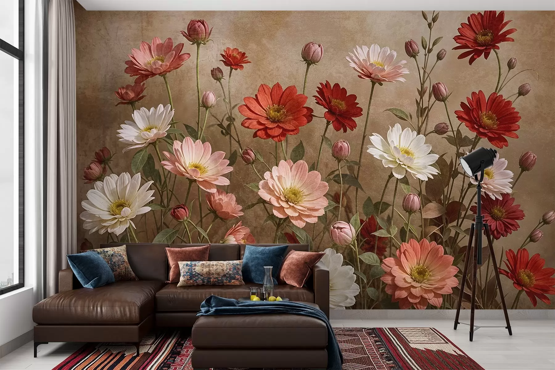 fototapeter Et felt med farverige margueritlignende blomster i forskellige nuancer af pink, rød og hvid på en struktureret baggrund w08462