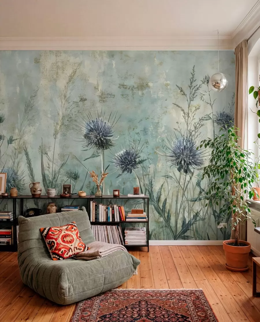 fototapeter En mark med lilla tidselblomster med slørede blomster og blade i en vintage-tekstureret baggrund w08463