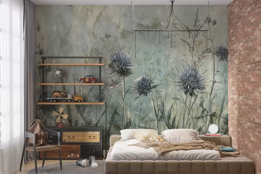 fototapeter En mark med lilla tidselblomster med slørede blomster og blade i en vintage-tekstureret baggrund w08463