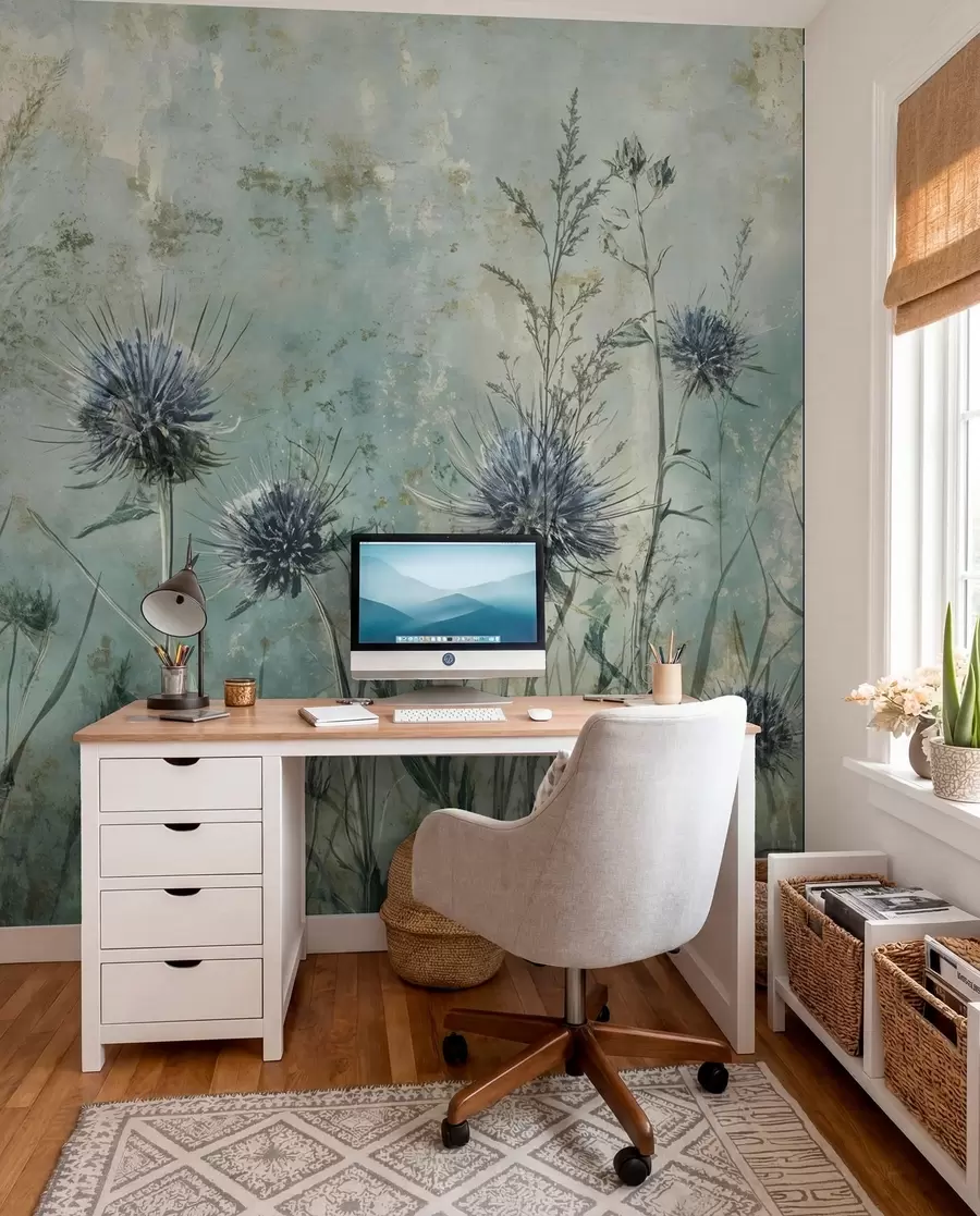 fototapeter En mark med lilla tidselblomster med slørede blomster og blade i en vintage-tekstureret baggrund w08463