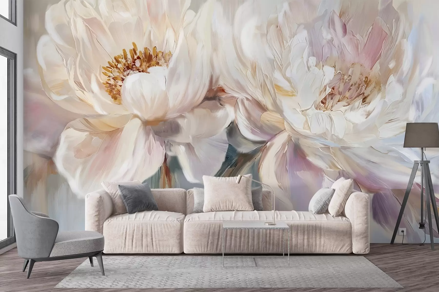 Fototapete Weiche, zarte weiße und pastellrosa Pfingstrosen mit üppigen Blütenblättern auf einem unscharfen Hintergrund aus Gemäldeimitation w08466