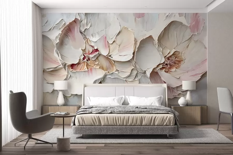 Fototapete Zarte, blassrosa Blüten mit weichen, geschichteten Blütenblättern auf einem gedämpften, strukturierten Hintergrund Impasto-Ölgemälde-Imitation w08467