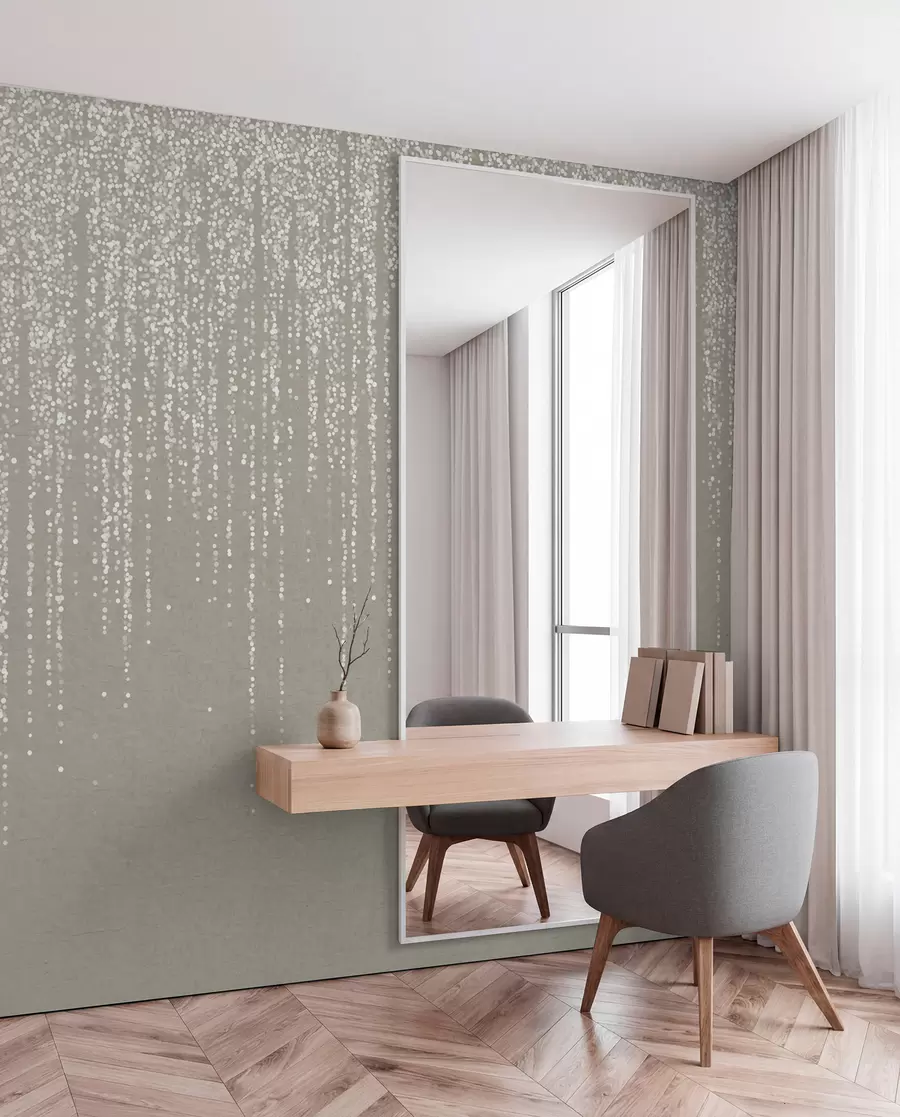Fototapete Ein vertikaler, eleganter Druck einer gepunkteten Girlande auf einem beigefarbenen, strukturierten Hintergrund, der ein Gefühl von Tiefe und Bewegung vermittelt w08470