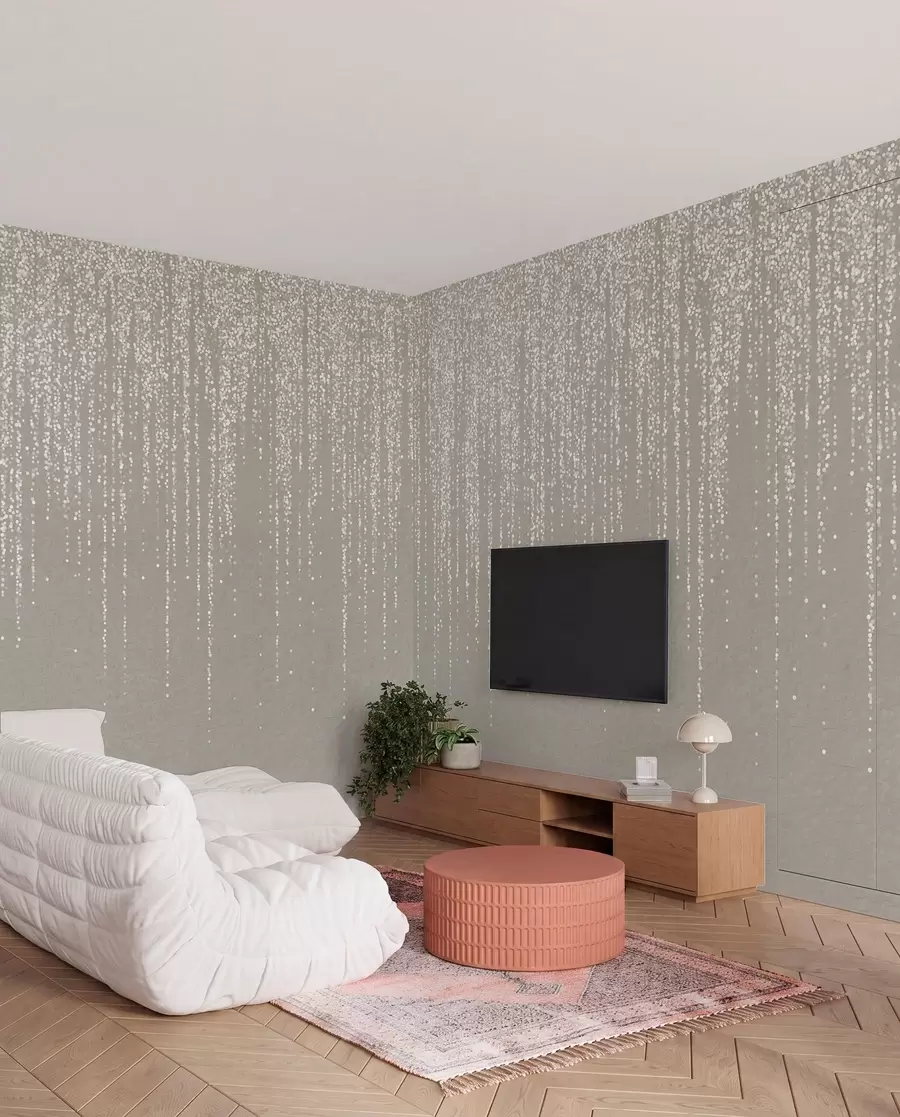 fototapeter Et lodret, elegant print af prikkede guirlander på en beige tekstureret baggrund, der skaber en følelse af dybde og bevægelse w08470