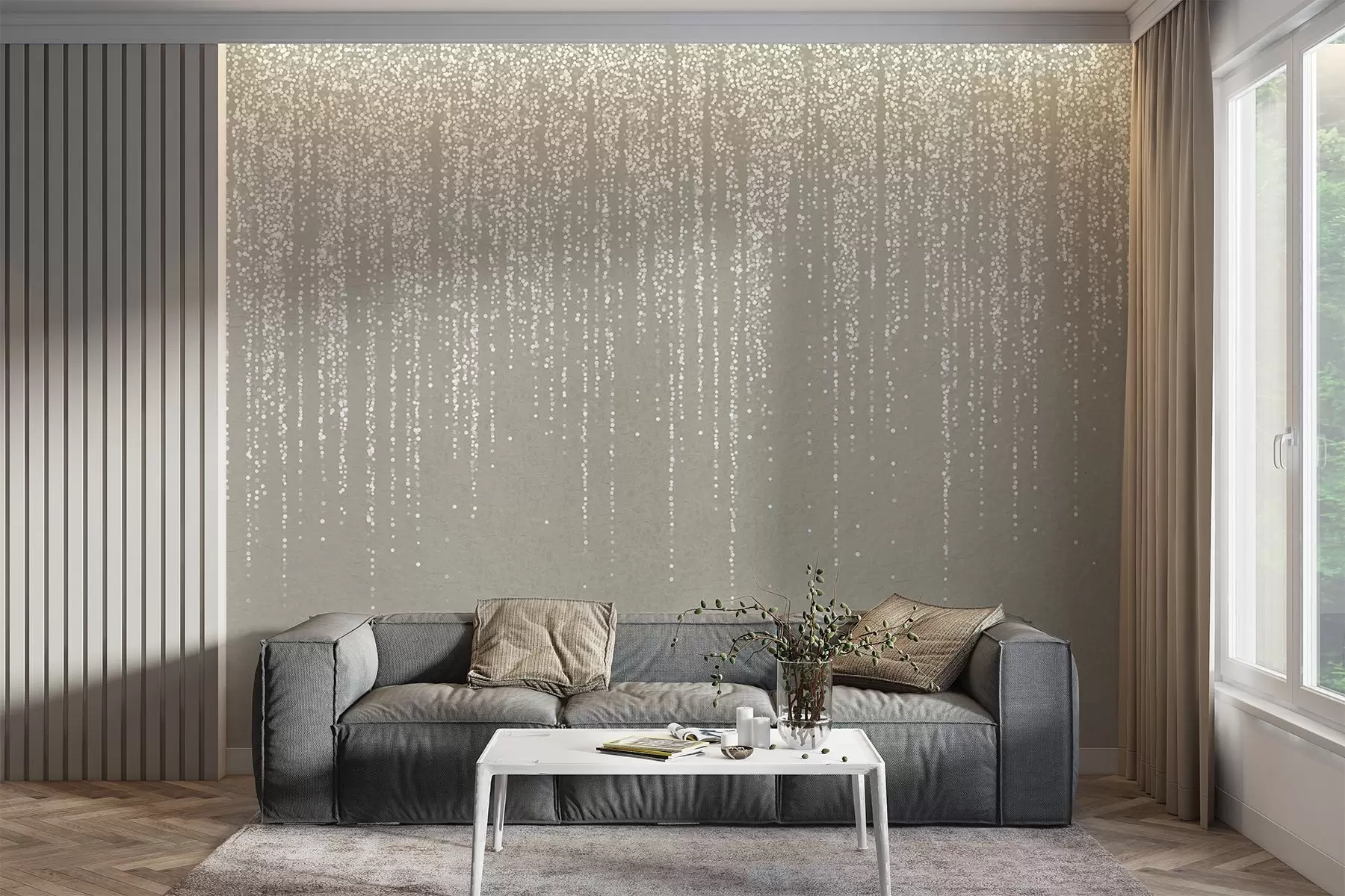 fototapeter Et lodret, elegant print af prikkede guirlander på en beige tekstureret baggrund, der skaber en følelse af dybde og bevægelse w08470