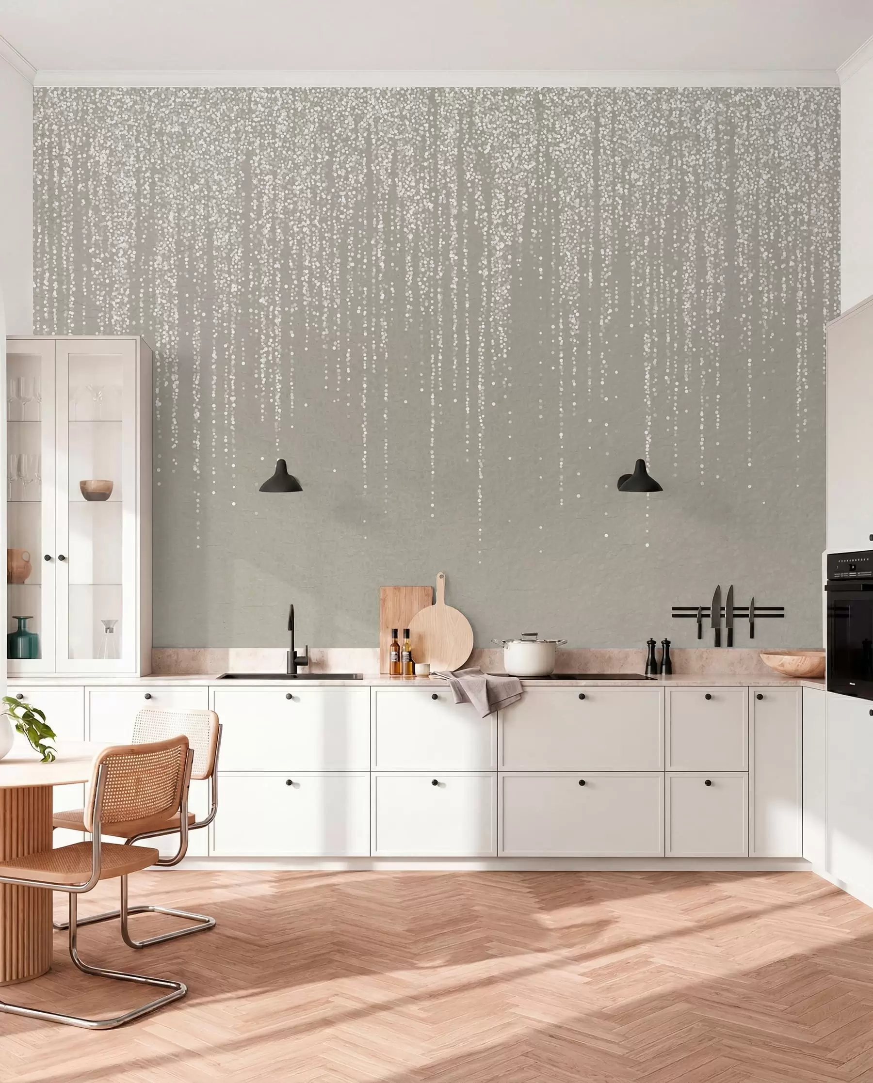 fototapeter Et lodret, elegant print af prikkede guirlander på en beige tekstureret baggrund, der skaber en følelse af dybde og bevægelse w08470