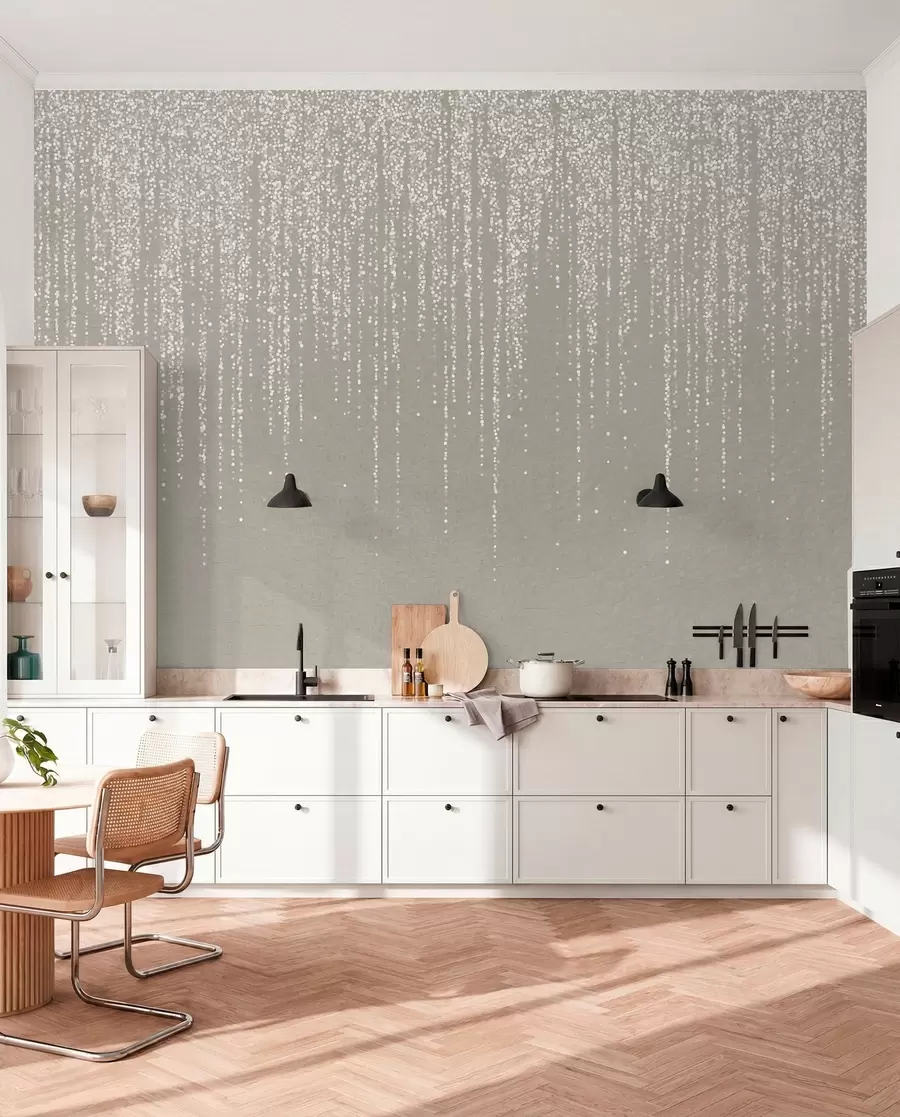 fototapeter Et lodret, elegant print af prikkede guirlander på en beige tekstureret baggrund, der skaber en følelse af dybde og bevægelse w08470