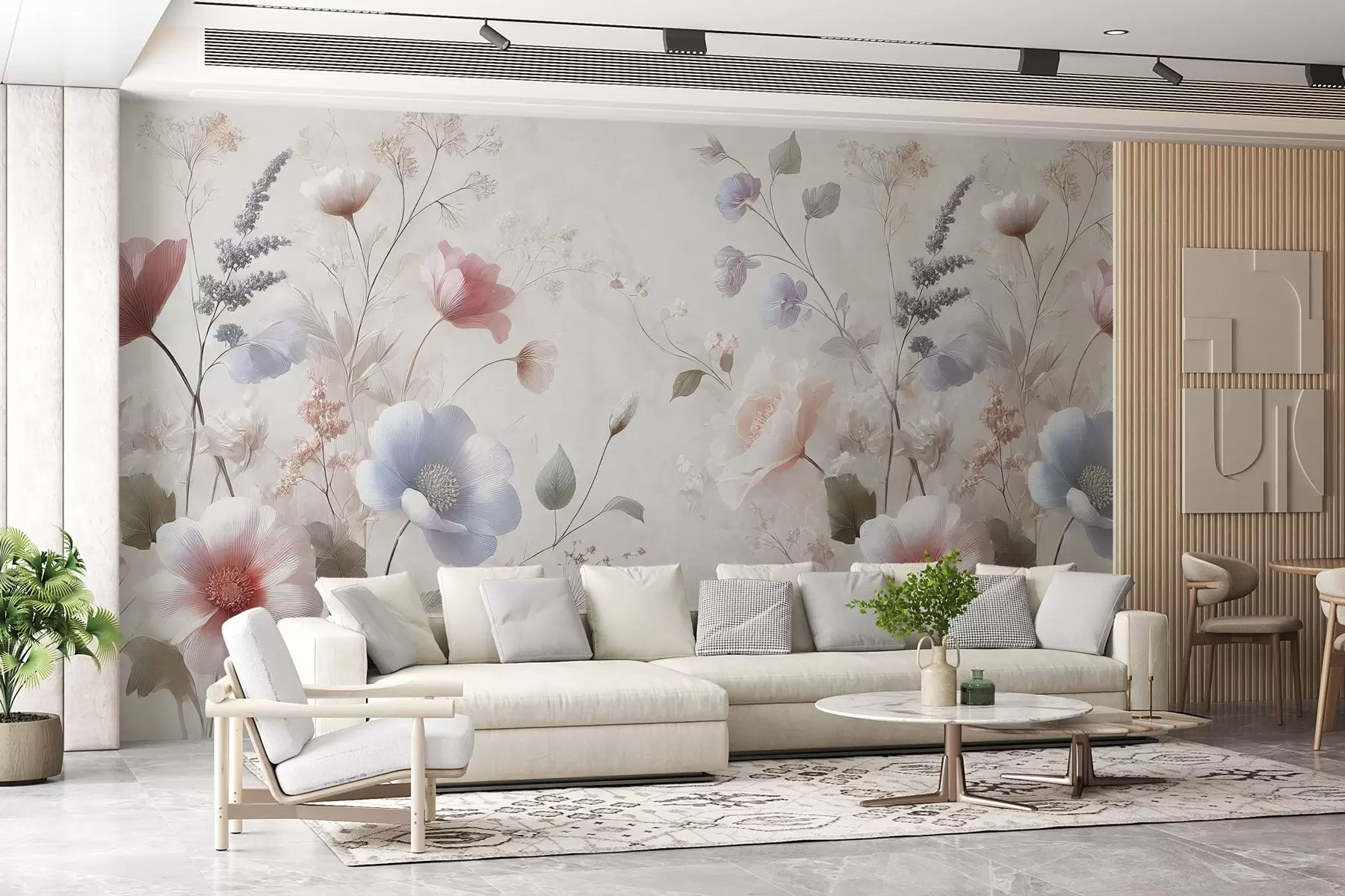 Fototapete zarte Wildblumen in Pastellfarben auf einem strukturierten Hintergrund w02454