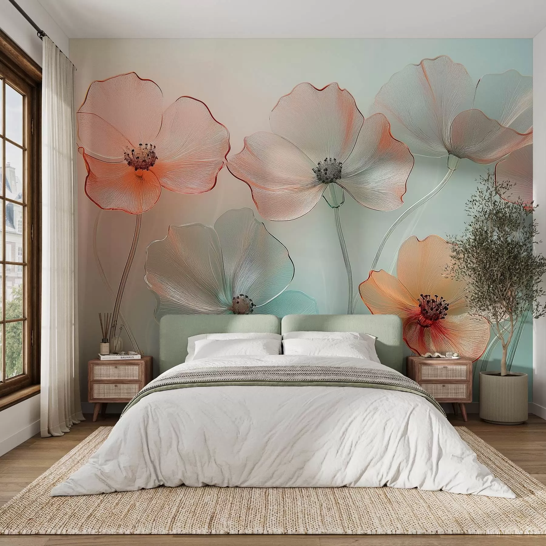 Fototapete mohnblumen-Imitat aus Glas in zarten Farben w02519