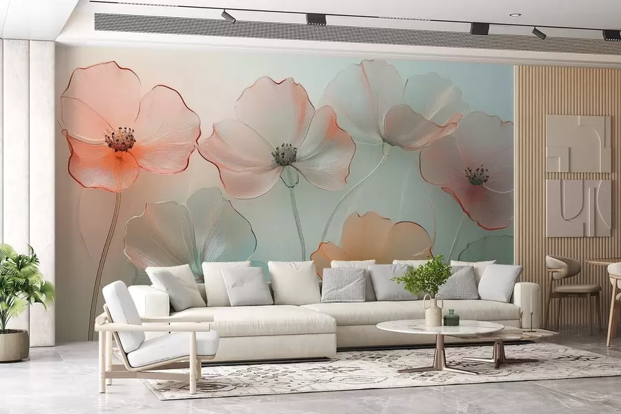 fototapeter valmueblomster i imiteret glas i sarte farver w02519