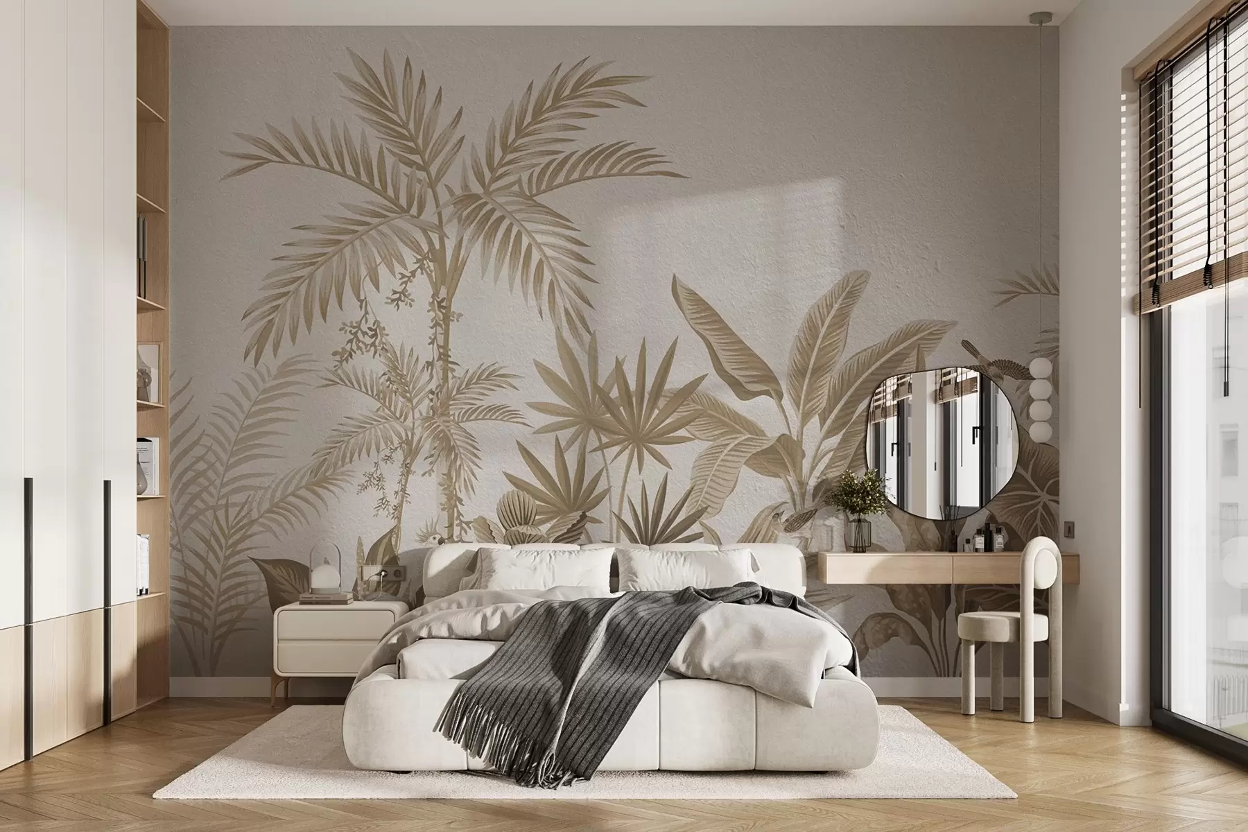 Fototapete Tropischer Dschungel mit Palmen und Vögeln in Sepiatönen w08496v1