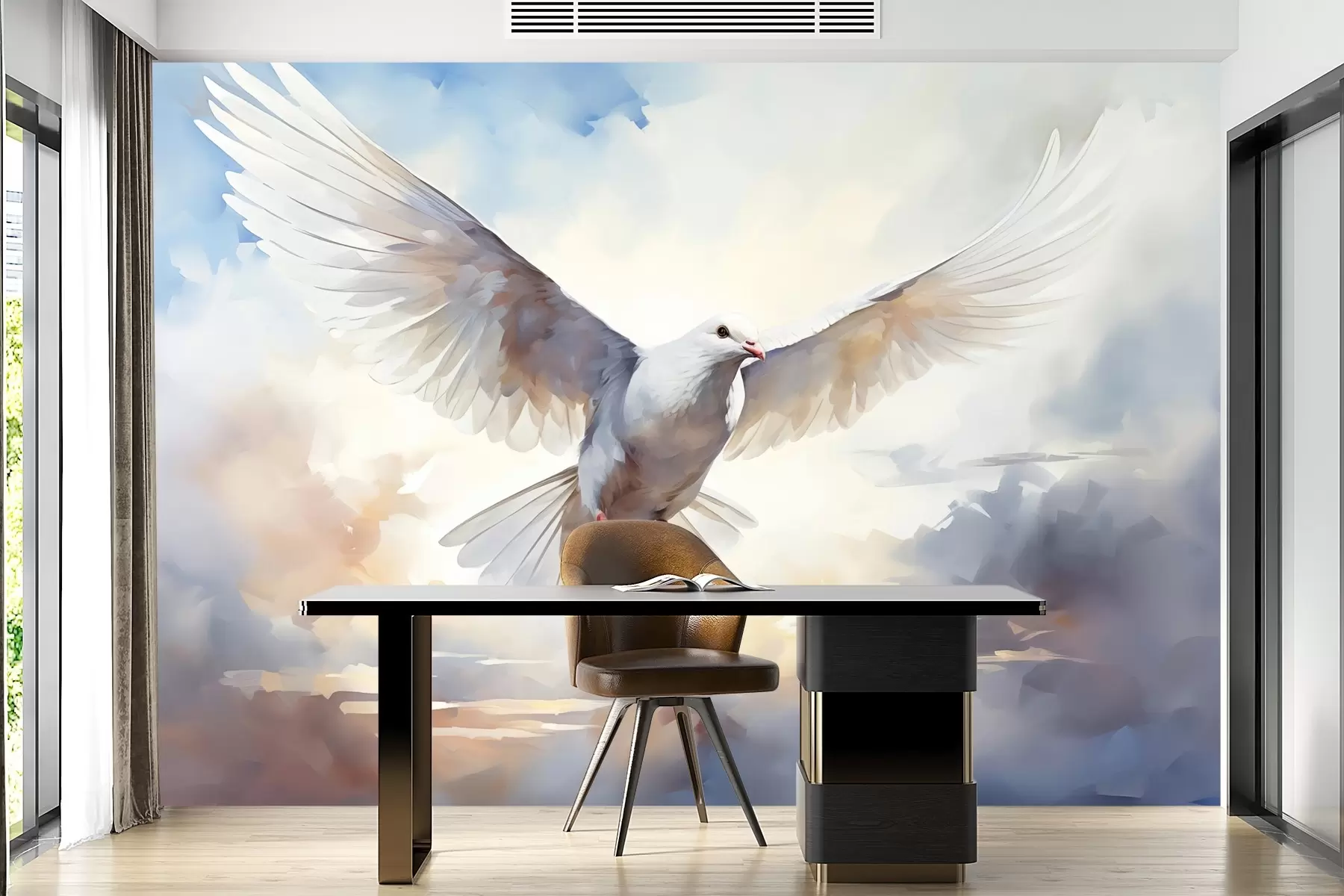 fototapeter Hvid due på himlen efterligning af maleri w02472