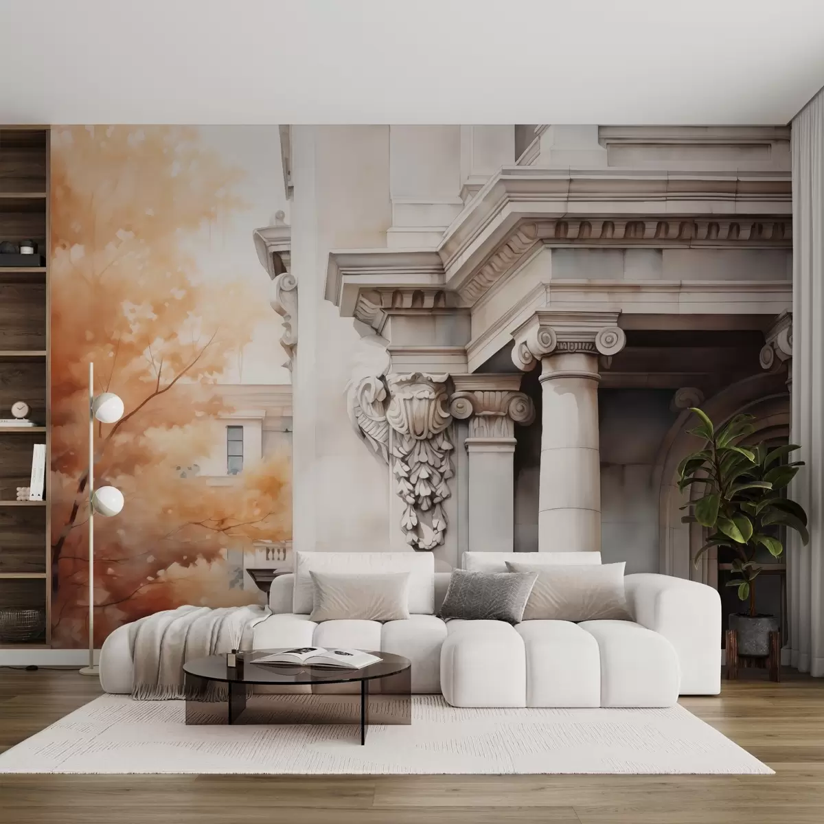 fototapeter En del af et hus med søjler ved siden af et træ efterligning af akvarel w02495