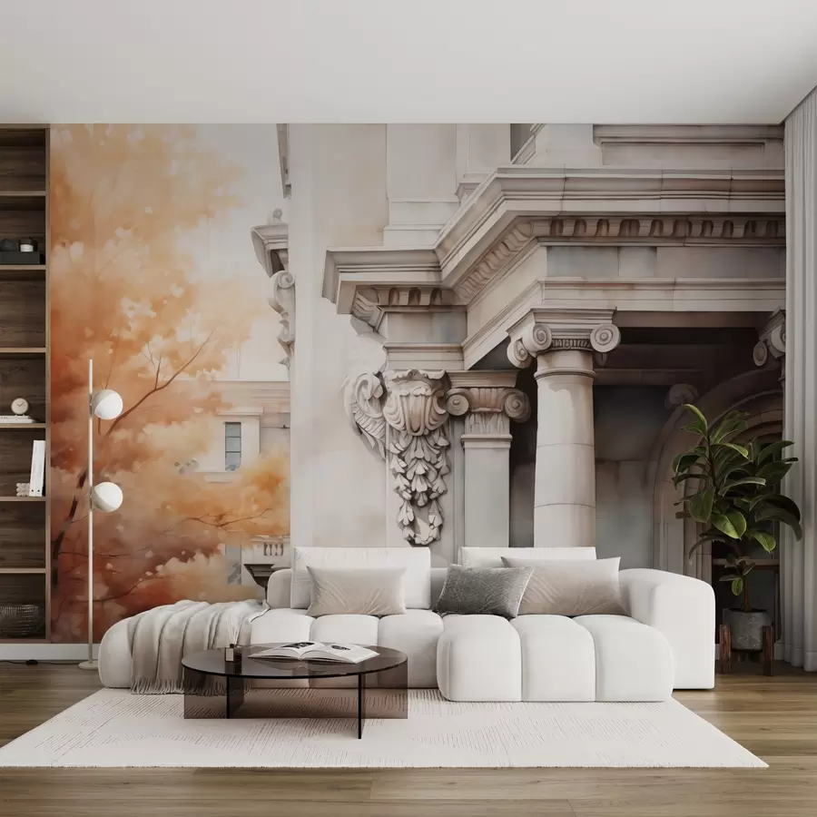 fototapeter En del af et hus med søjler ved siden af et træ efterligning af akvarel w02495