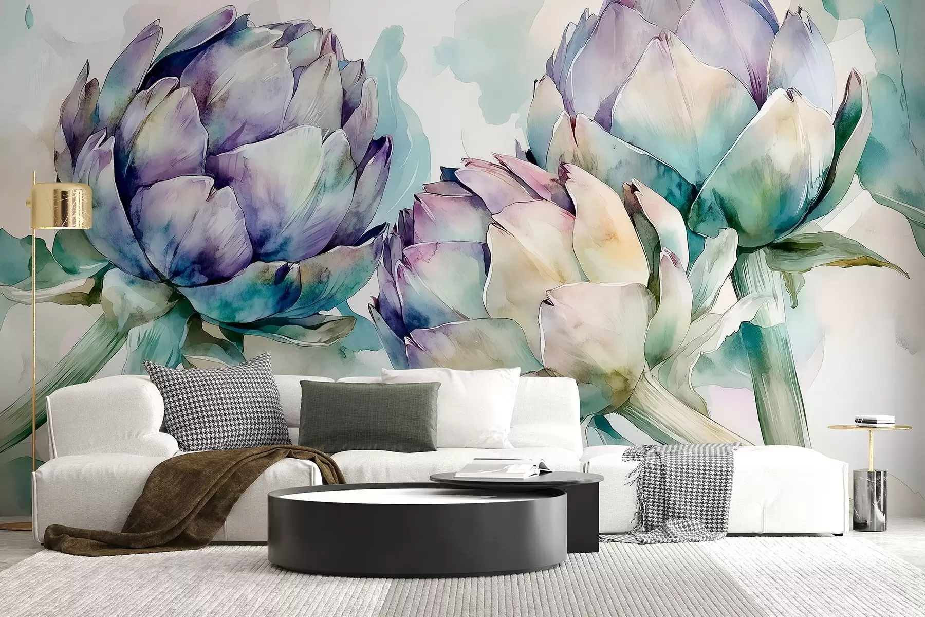 fototapeter Artiskokker i akvarelstil, blomster, pink og grøn w02481v1