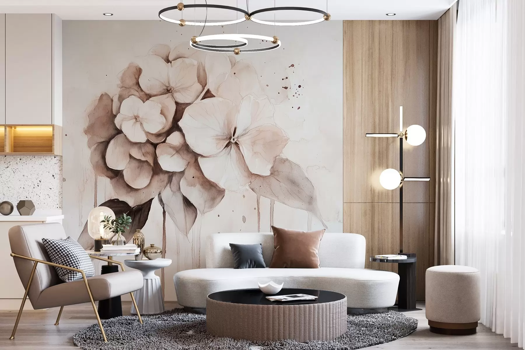 fototapeter Hortensia-tegning, akvarel-stil, beige farver w02483