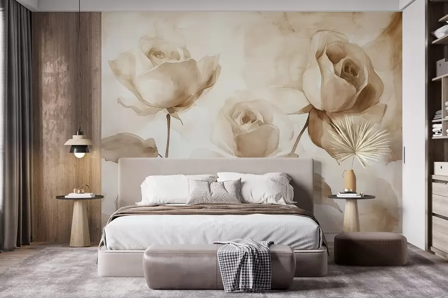 Fototapete Beige Rosen, Blumen, weiche Aquarellzeichnung, rustikal, böhmisch w02490