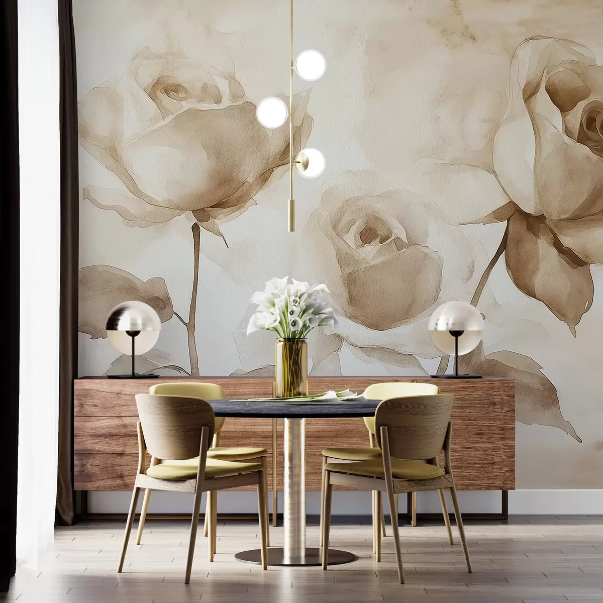 fototapeter Beige roser, blomster, blød akvareltegning, rustik, boheme w02490