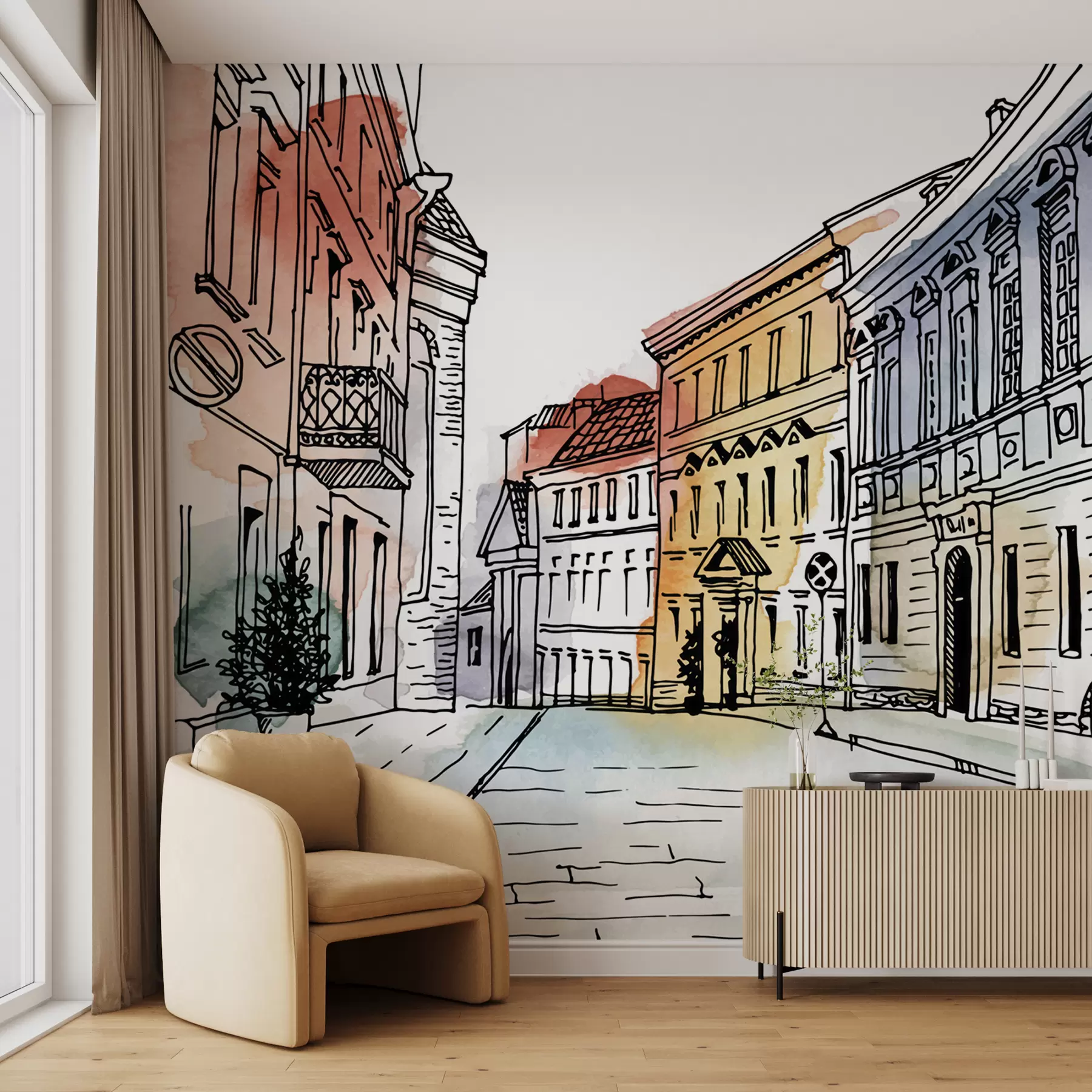 fototapeter Gammel by, tusch og akvarel u51062