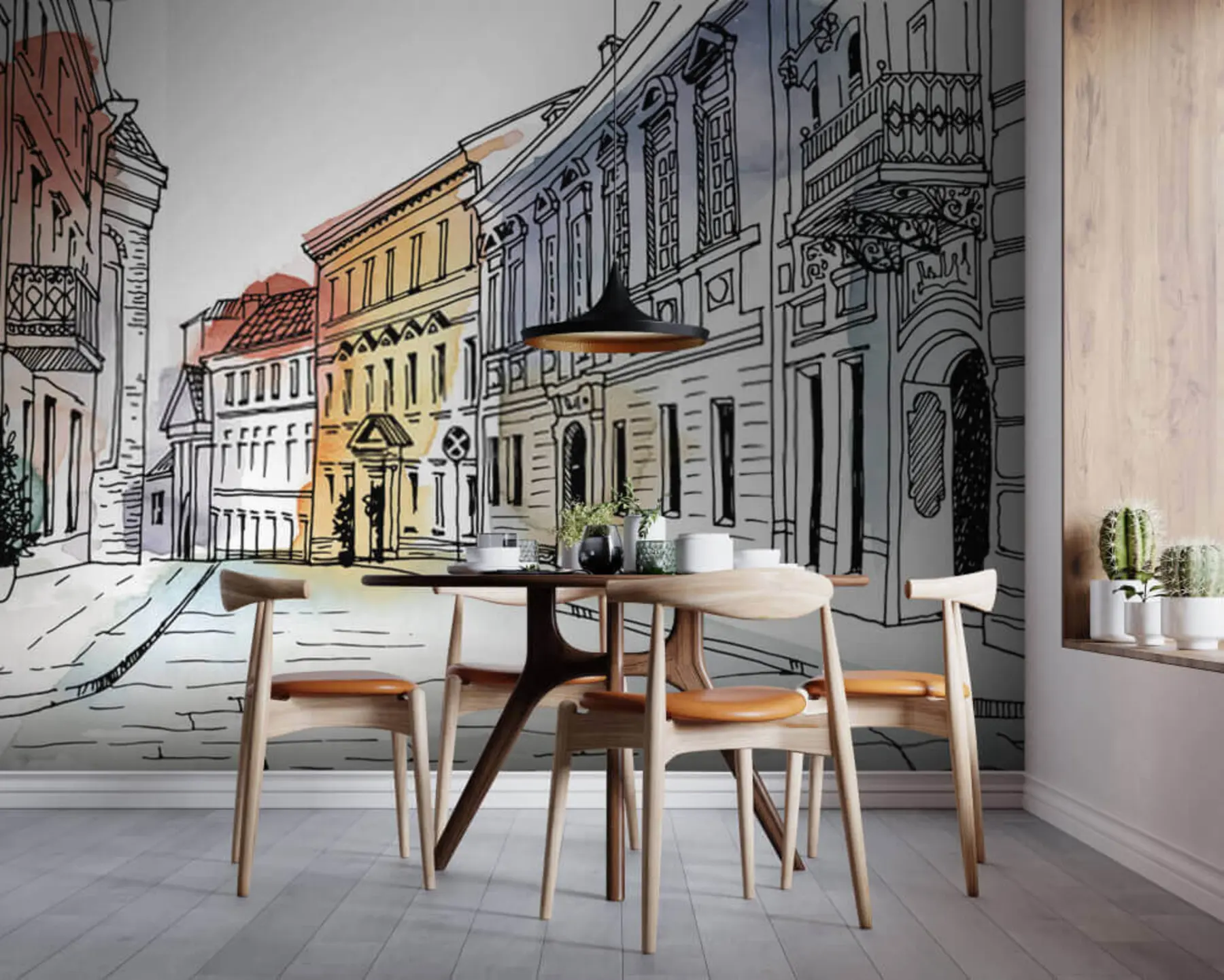 fototapeter Gammel by, tusch og akvarel u51062