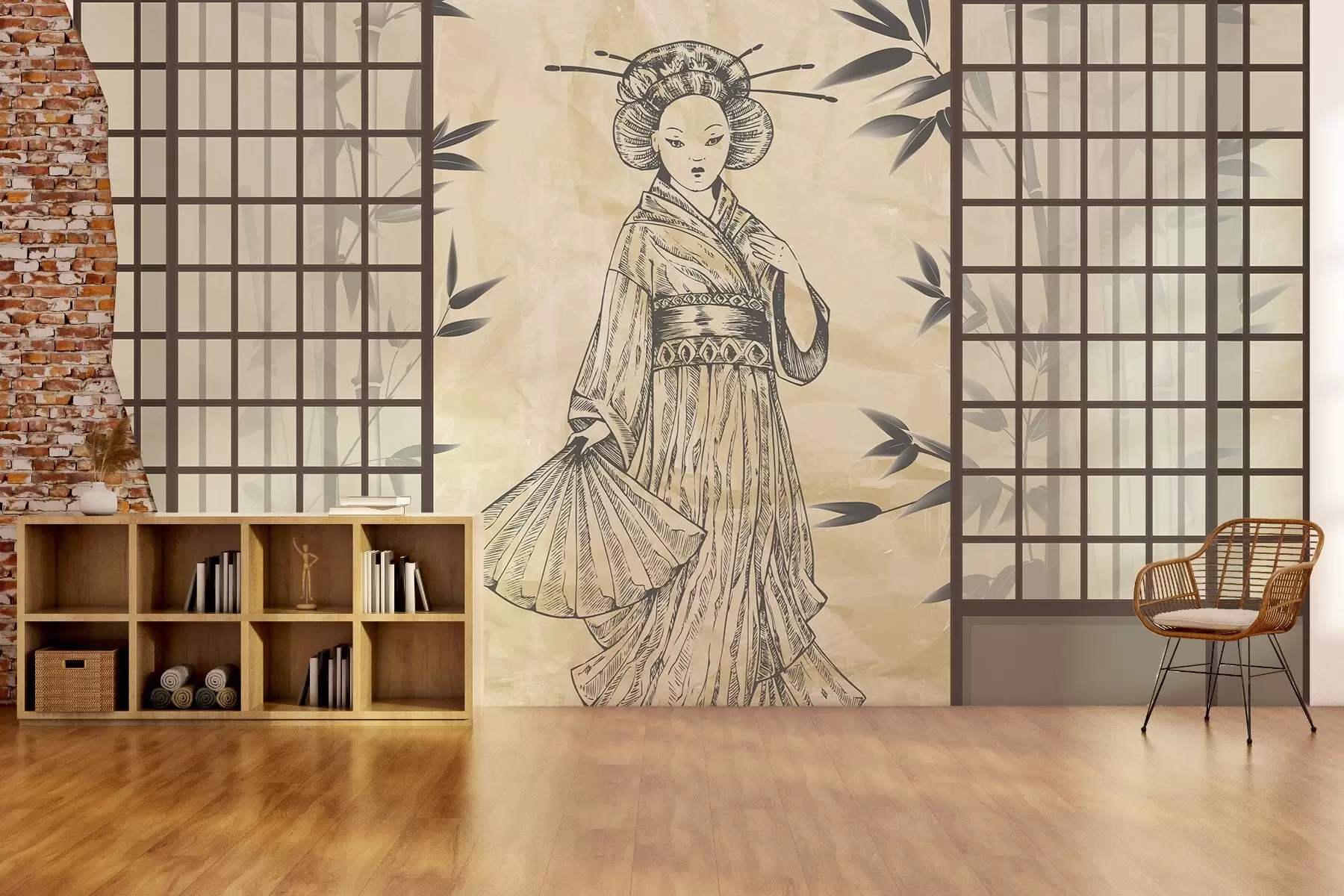 Murale Maison ancienne de style asiatique, fille en vêtements traditionnels, fleurs de cerisier, fleurs de cerisier, Shoji w02535