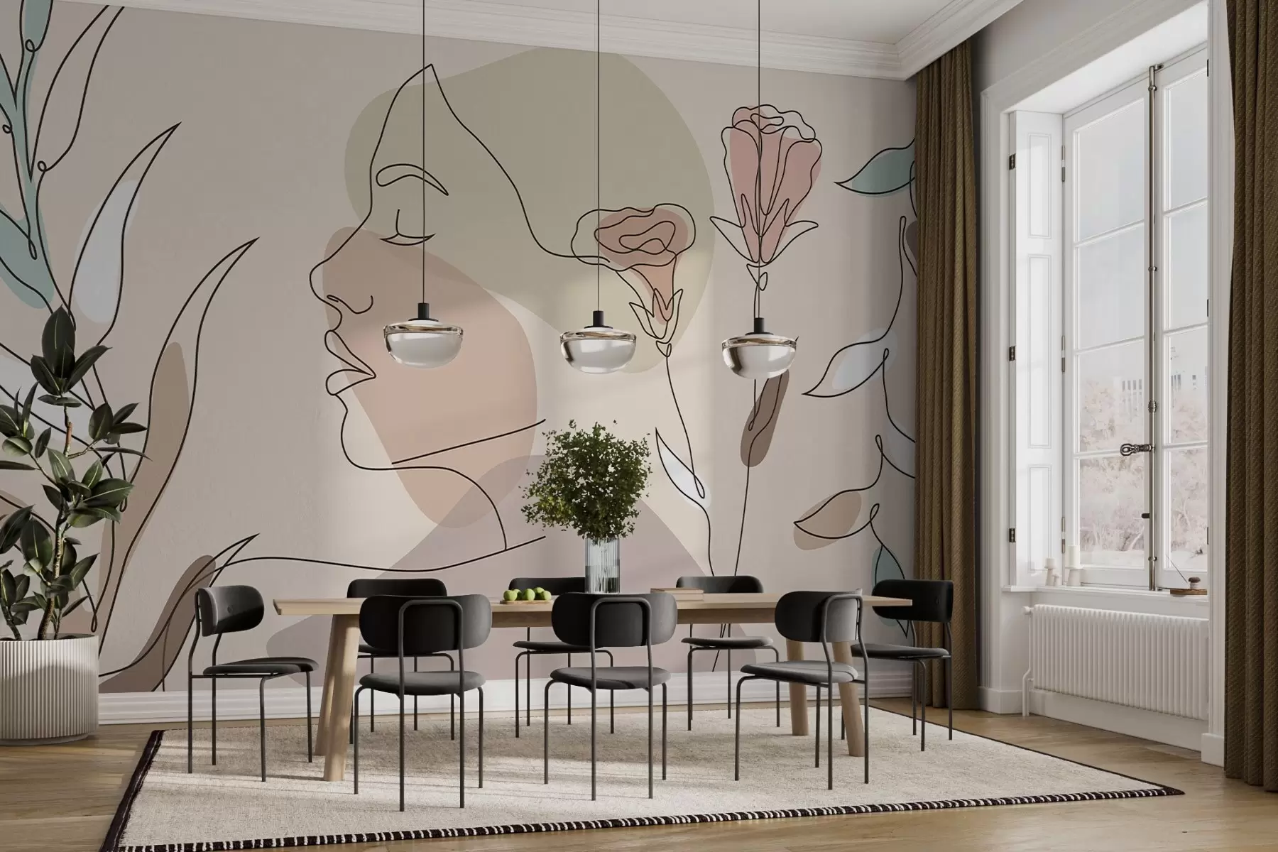 Murale Fille avec des lignes et des fleurs colorées w02543