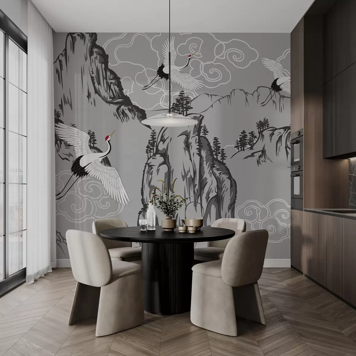 fototapeter Bjerge og traner i japansk stil, i gråtoner w02544v1