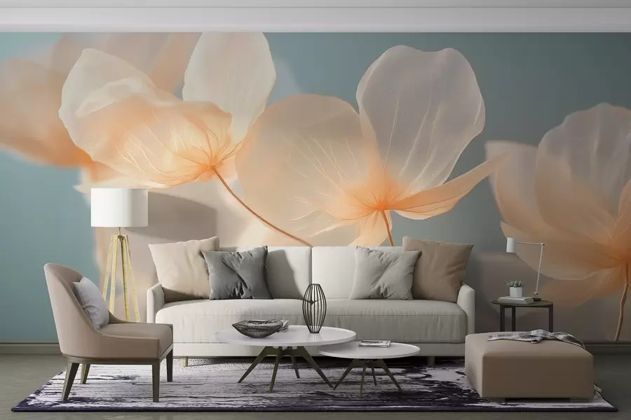 Murale Pétales de lotus, une composition délicate sur fond bleu w08500