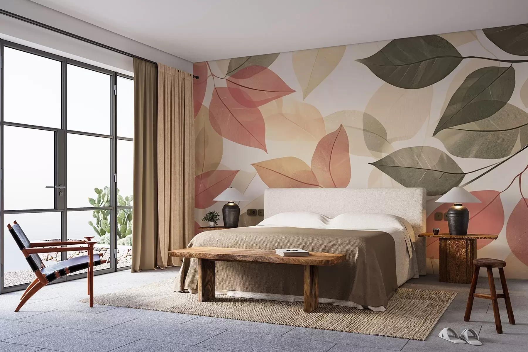 Murale Branches de feuilles dans les tons rouge et vert w08502