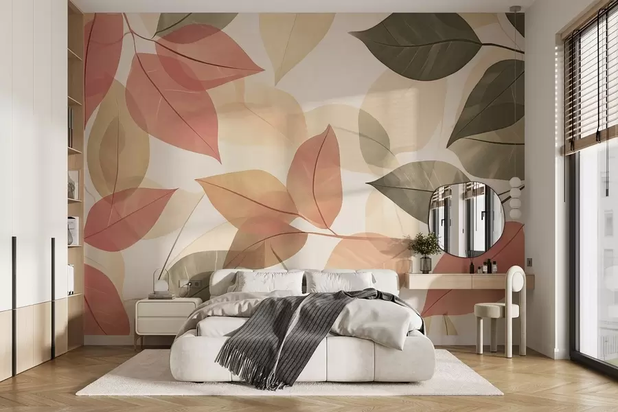 Murale Branches de feuilles dans les tons rouge et vert w08502