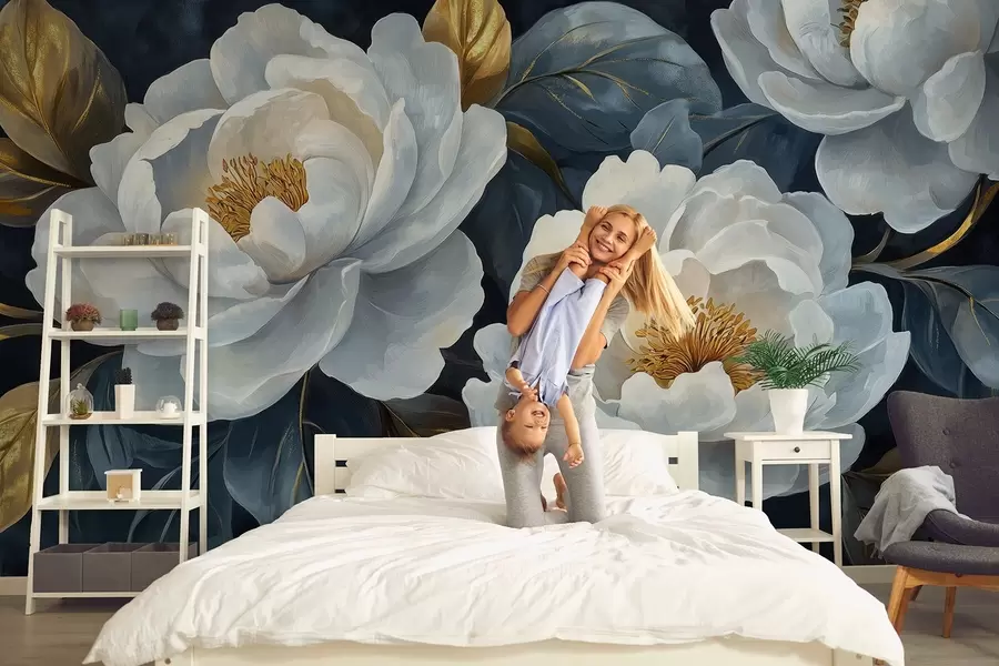 Murale Pivoines blanches luxuriantes sur fond bleu dans un style pictural w02315