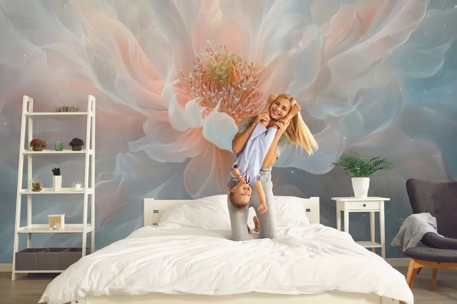 Fototapete ein verträumtes, ätherisches Gemälde einer großen, zarten Blume in sanften Pastelltönen w02545