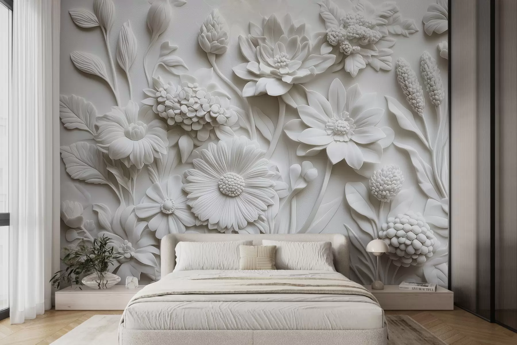 fototapeter tapet i basrelief-stil med blomster i haven w02546