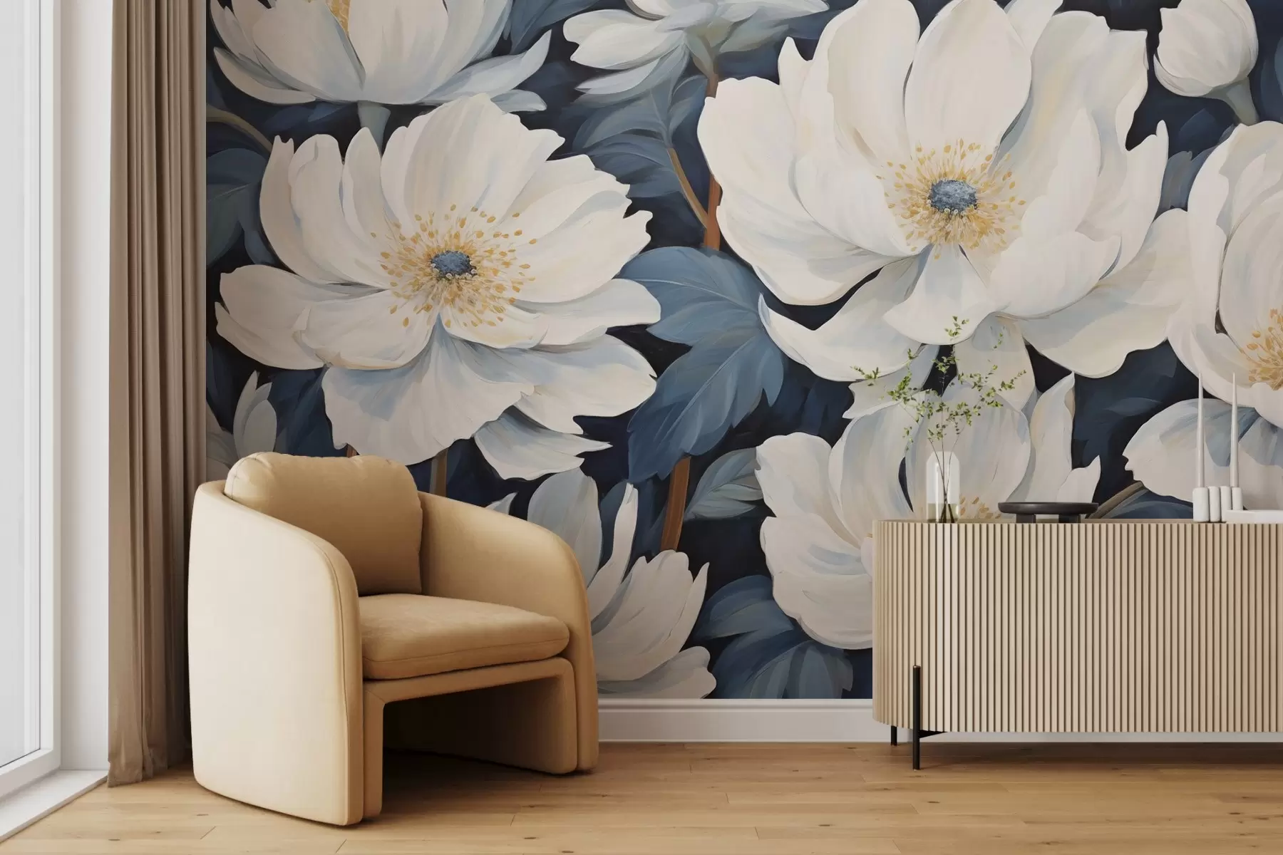 Fototapete Weiße Blumen auf Blau w02582