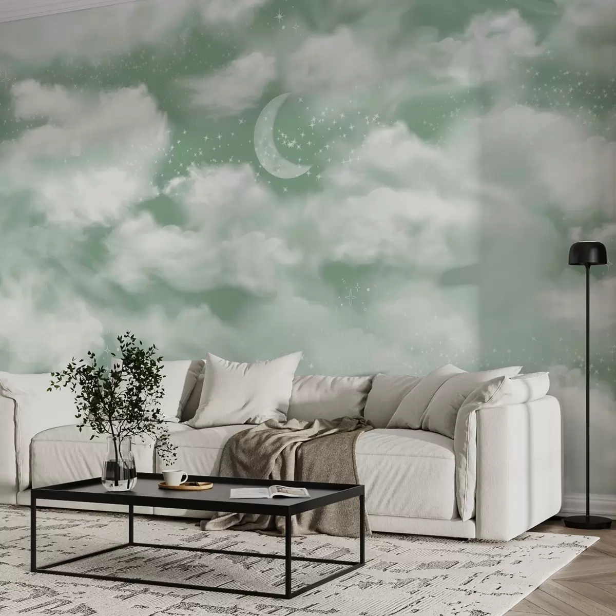 Murale Ciel étoilé avec lune et nuages, rêve, éthéré, couleurs vertes douces w02515v2