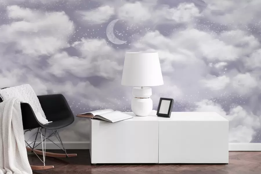 fototapeter Stjernehimmel med måne og skyer, drømmende, æterisk, bløde lilla farver w02515v4