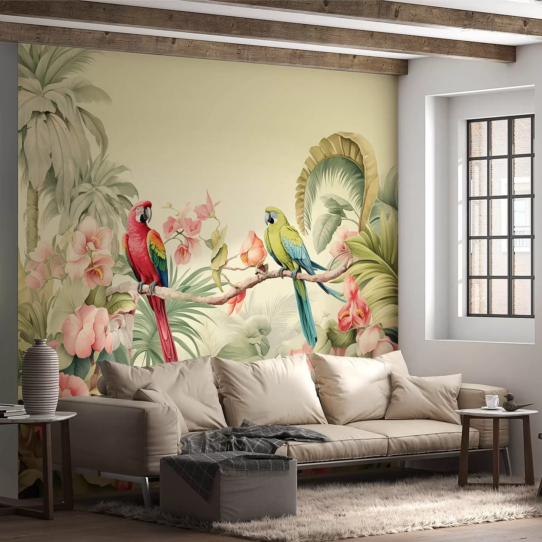Fototapete Zwei Papageien in tropischen Büschen w08507