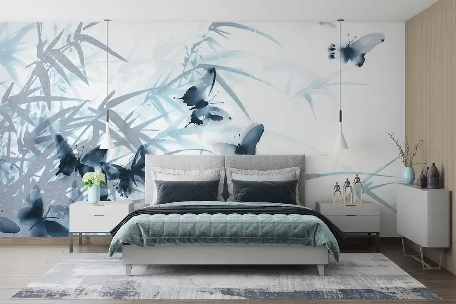 Murale Feuilles et tiges de bambou texturées avec des papillons bleus volants aux ailes transparentes w08524