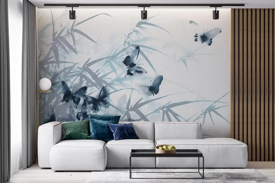 Fototapete Texturierte Bambusblätter und -stängel mit fliegenden blauen Schmetterlingen mit transparenten Flügeln w08524