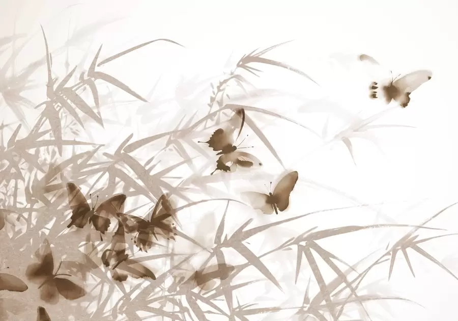 Fototapete Texturierte Bambusblätter und -stängel mit fliegenden braunen Schmetterlingen mit transparenten Flügeln w08524v1