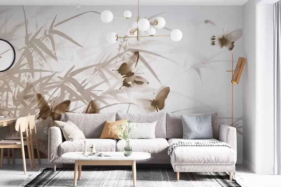 Fototapete Texturierte Bambusblätter und -stängel mit fliegenden braunen Schmetterlingen mit transparenten Flügeln w08524v1