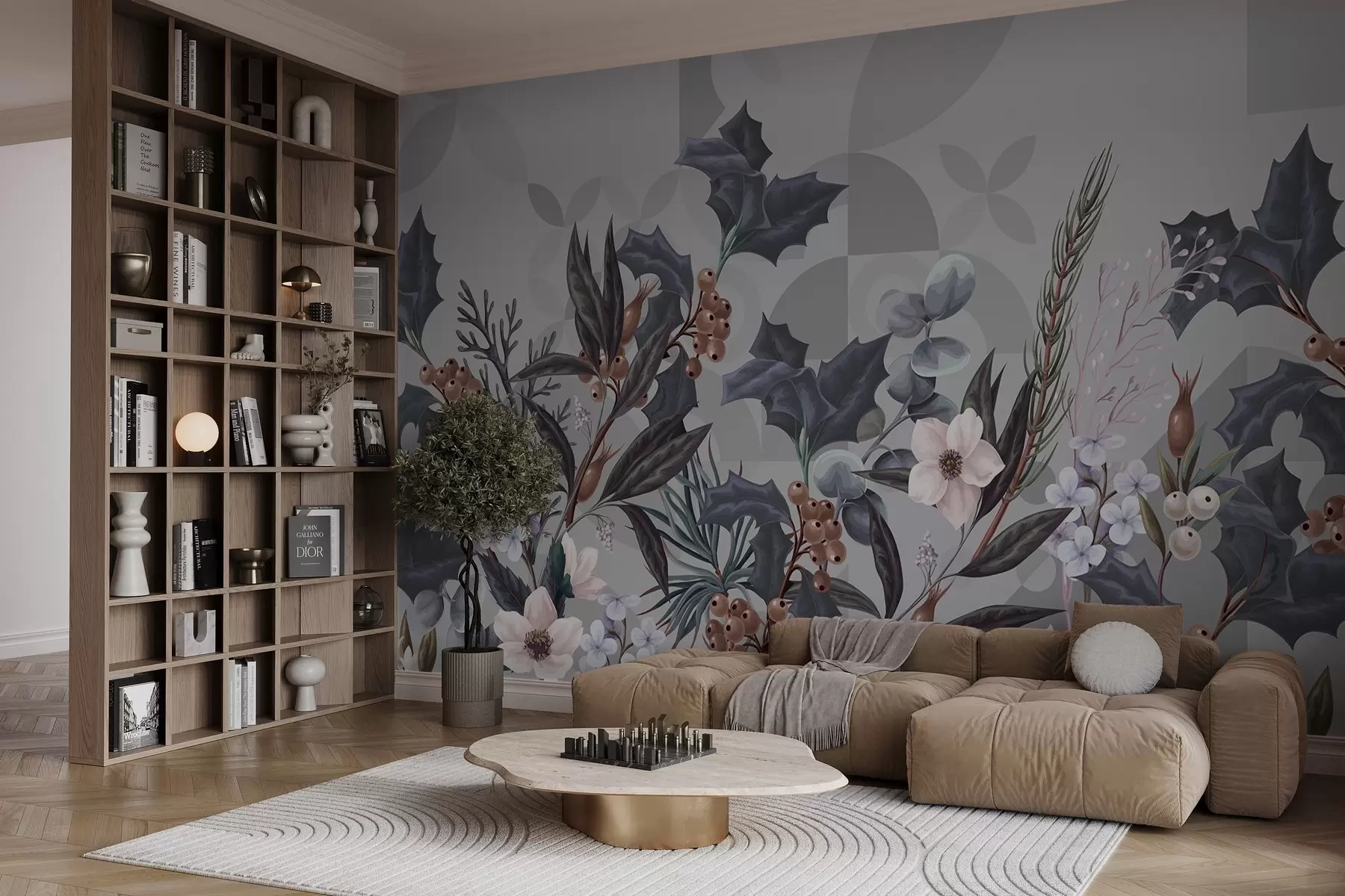 fototapeter Blomsterarrangement med store mørke blade, blomster og bær på en dæmpet grå geometrisk abstrakt baggrund  w08525