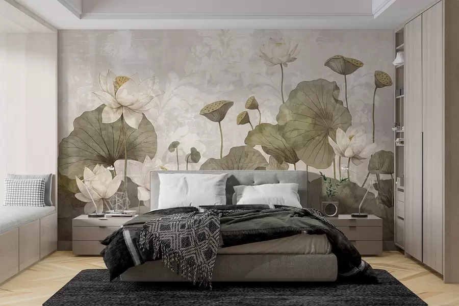 fototapeter Et felt af hvide lotusblomster med store grønne blade på en blød, diset beige baggrund w08527